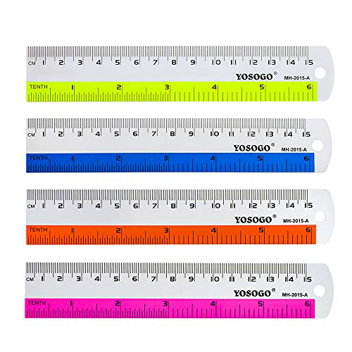 Yosogo 6 Inch / 15 cm Assorted Color Aluminum Ruler in Inch and CM Scale with Hanging Hole | Pack of 6 - Image 1