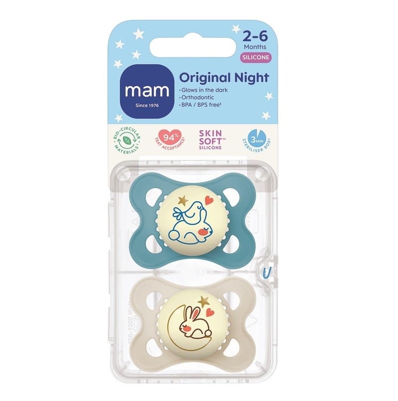 Femuar MAM Original Night Soothers | 0-6 Months | 2 Pack | Glow in The Dark | Comes in Dummy Steriliser Case | Baby Accessories for Newborn | Blue/Cream (Various Designs) - Image 2