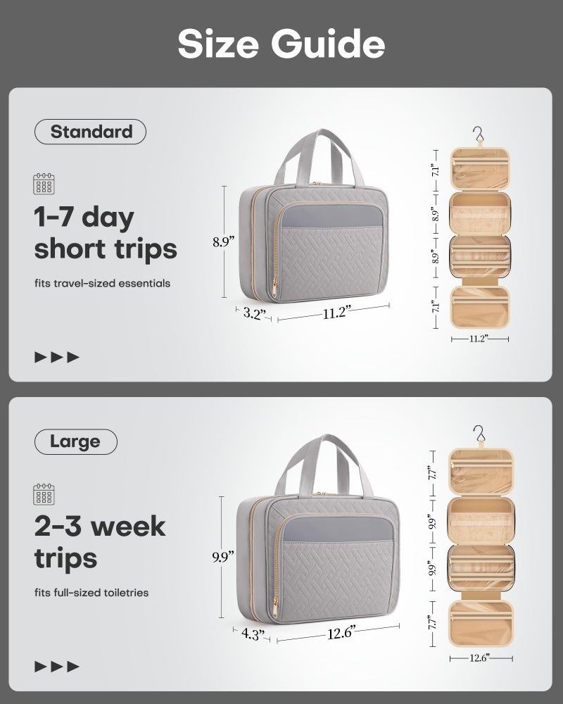 Hotor Travel Toiletry Bag For Women & Men, Waterproof Makeup Bag With Hanging Hook And Multiple Pockets, Cosmetic Bags For Women, Travel Essentials, 11.2'' X 3.2'' X 8.9'', Grey - Image 2