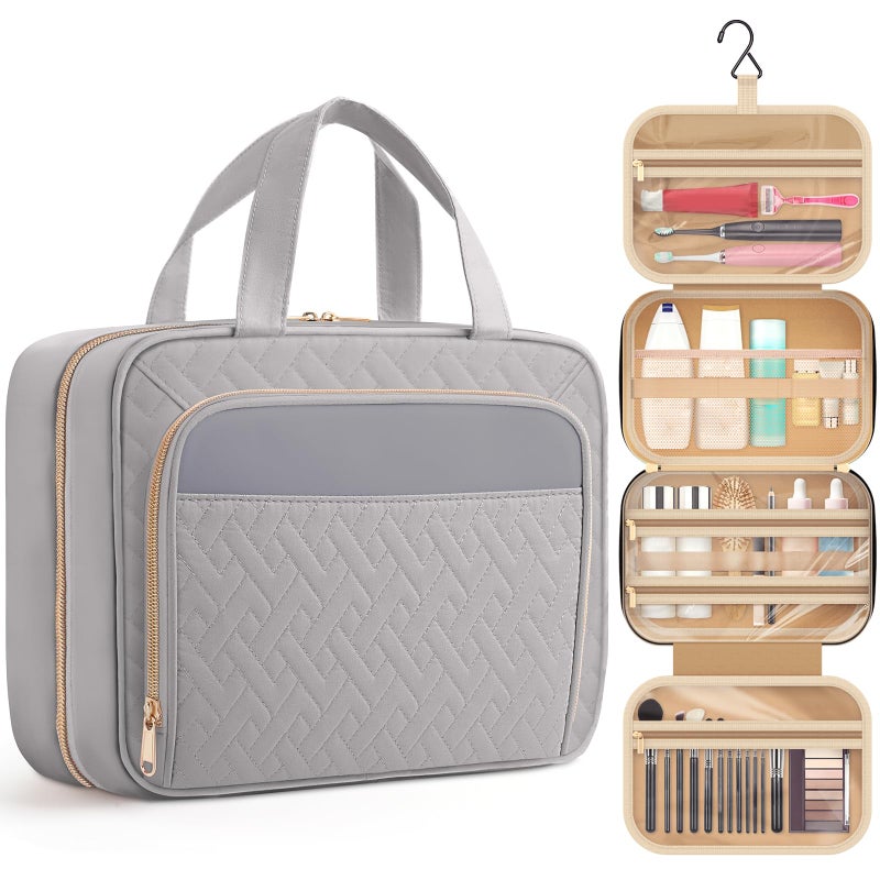 Hotor Travel Toiletry Bag For Women & Men, Waterproof Makeup Bag With Hanging Hook And Multiple Pockets, Cosmetic Bags For Women, Travel Essentials, 11.2'' X 3.2'' X 8.9'', Grey - Image 1