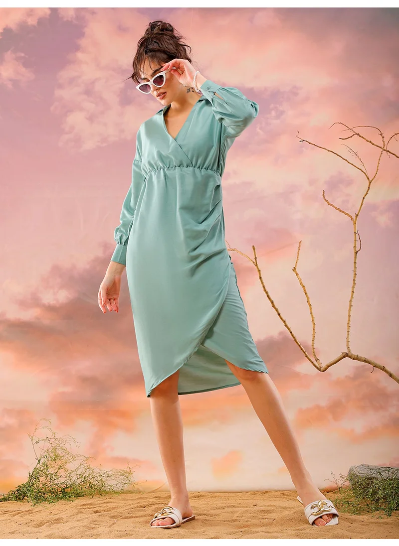 مرفوعة Women Casual Regular Solid Plain Collared Neck Midi Length Wrap Dress