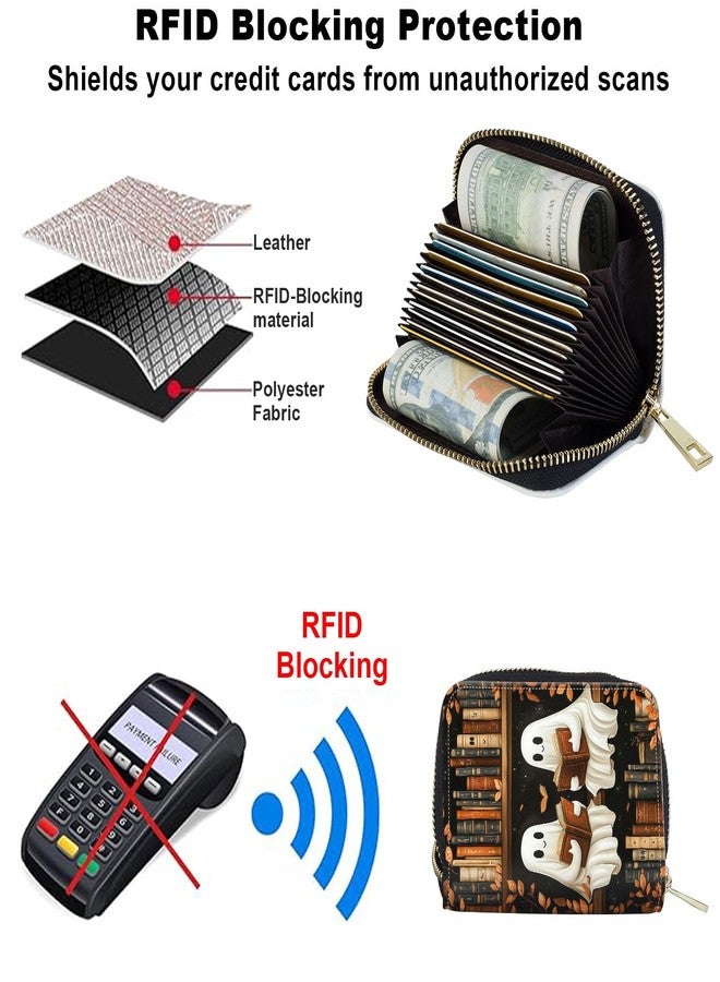 محفظة بطاقات نسائية من GYSYZJDH مزودة بسحاب، حافظة صغيرة لبطاقات الائتمان مع خاصية حجب RFID، محفظة بطاقات جلدية نسائية قابلة للطي، منظم صغير الحجم لبطاقات الهوية والنقود للسفر، مزينة برسومات أشباح مرحة تقرأ كتبًا - Image 4