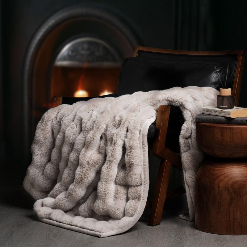 EverGrace Ultra Soft Luxury Fluffy Faux Rabbit Fur Throw Blanket, Thick Warm Bubble Throw for Bed, Cozy Plush Reversible Blankets for Couch, Chair, Sofa, Taupe, 50x60 Inches - Image 1
