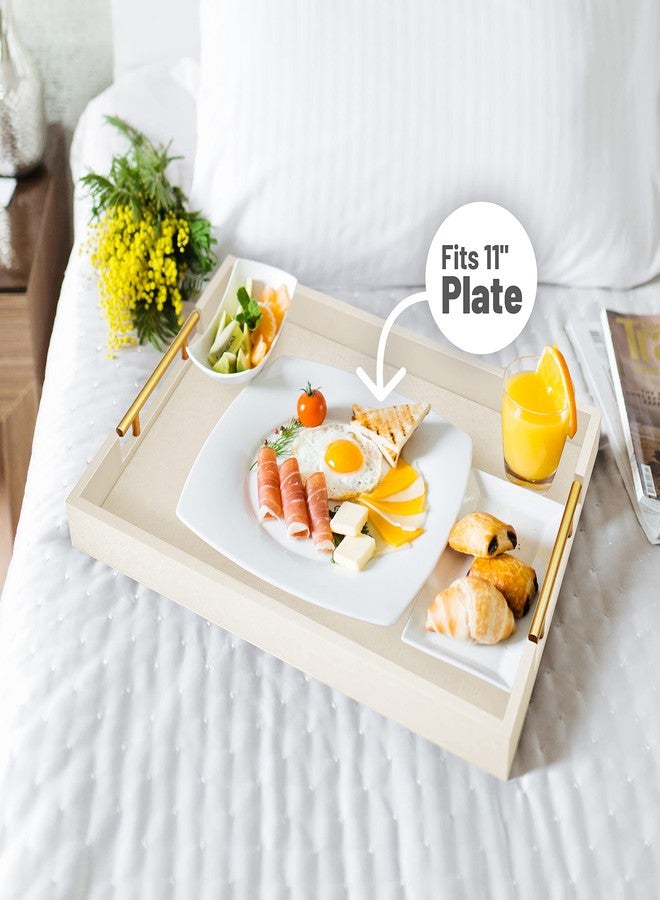 ATZYmolin 17" x 12" Wood Serving Tray with Gold Polished Metal Handles, Home Decorative Wooden Rectangle Ottoman Leather Decor Platter Bathroom Vanity Tray for All Occasions White - Image 3