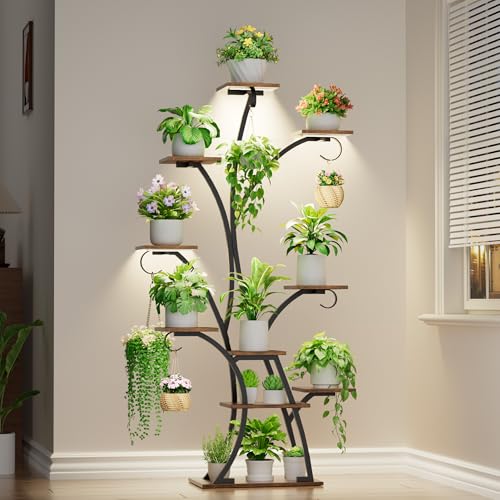 BACEKOLL Plant Stand Indoor with Grow Lights - Lighted Plant Shelf Indoor, 64" Tall Corner Plant Stands for Indoor Growing, 10 Tier Flower Display Shelf, Large Tree-Shaped Holder for Home, Living Room, Black - Image 1