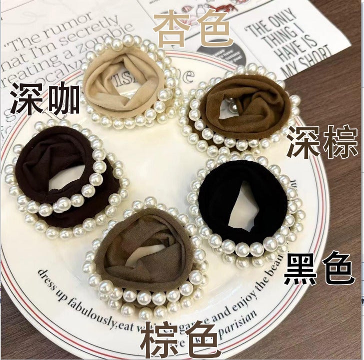 Loquat Korean Wide Pearl Hair Tie Elastic Seamless Brown