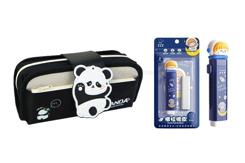 Onpalm Enterprise Kawaii Cute Pencil Pouch with Space Travel Push Pull Eraser Set | Premium School Combo Kit for Kids, Boys & Girls | Large Capacity Stationery Organizer Bag with Eraser - Image 1
