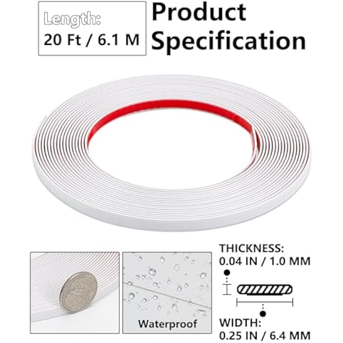 20FT PEEL AND STICK TRIM, WIDTH 0.25" WATERPROOF MOLDING FOR WALLS EDGES, BORDERS, WINDOW FRAMES, BACKSPLASH TILES, FLEXIBLE AND SELF ADHESIVE TRIM, WHITE - Image 3