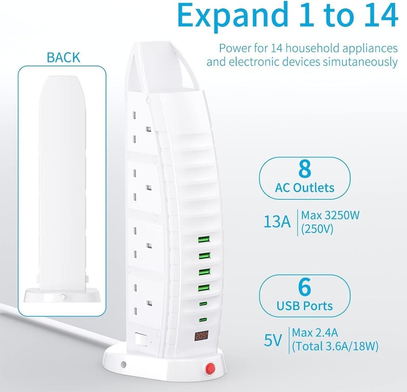 كابل تمديد جديد مزود بمنفذ USB، و8 منافذ كهربائية، و6 منافذ USB (2 من نوع C و4 من نوع USB-A)، وشريط طاقة بقدرة 3.6 أمبير، وكابل بطول 2 متر مزود بمفاتيح – كابل تمديد عمودي للاستخدام المنزلي والمكتبي. - Image 2
