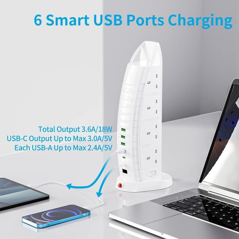 كابل تمديد جديد مزود بمنفذ USB، و8 منافذ كهربائية، و6 منافذ USB (2 من نوع C و4 من نوع USB-A)، وشريط طاقة بقدرة 3.6 أمبير، وكابل بطول 2 متر مزود بمفاتيح – كابل تمديد عمودي للاستخدام المنزلي والمكتبي. - Image 3