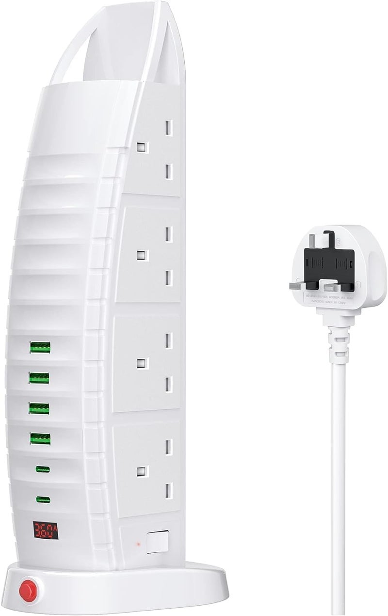 كابل تمديد جديد مزود بمنفذ USB، و8 منافذ كهربائية، و6 منافذ USB (2 من نوع C و4 من نوع USB-A)، وشريط طاقة بقدرة 3.6 أمبير، وكابل بطول 2 متر مزود بمفاتيح – كابل تمديد عمودي للاستخدام المنزلي والمكتبي. - Image 1
