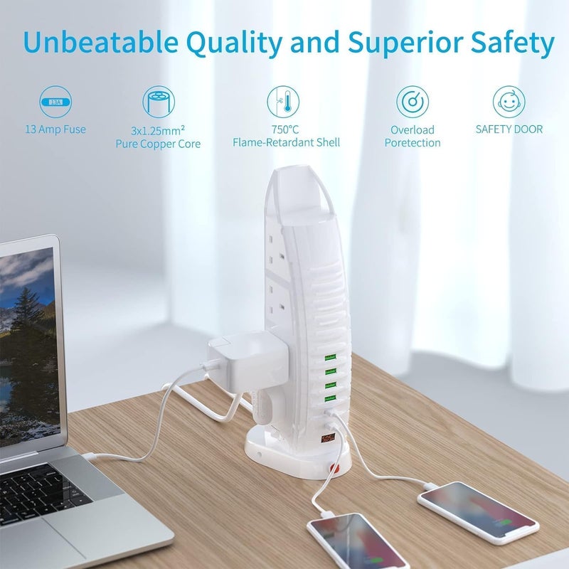 كابل تمديد جديد مزود بمنفذ USB، و8 منافذ كهربائية، و6 منافذ USB (2 من نوع C و4 من نوع USB-A)، وشريط طاقة بقدرة 3.6 أمبير، وكابل بطول 2 متر مزود بمفاتيح – كابل تمديد عمودي للاستخدام المنزلي والمكتبي. - Image 5