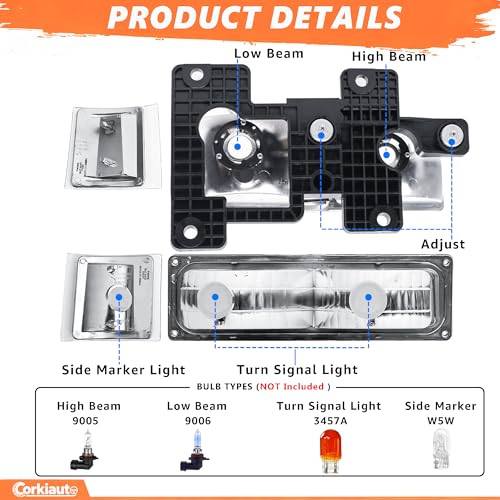 corkiauto Headlight Assembly Compatible with 1994 1995 1996 1997 1998 Chevy C/K 1500 2500 3500 Silverado, For 95-99 Tahoe Suburban Replacement Headlamp, Chrome Housing Clear Reflector - Image 4