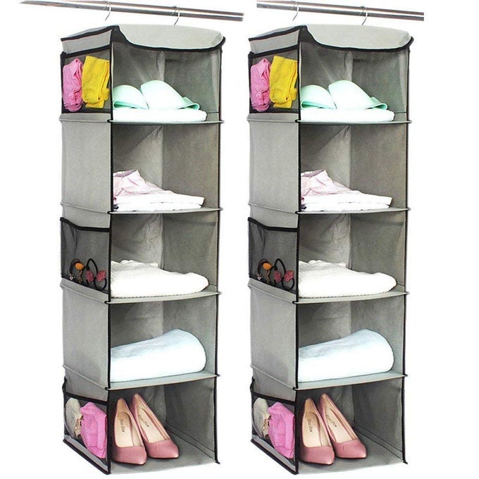 5 SHELVES HANGING CLOSET ORGANIZER 2 PACK HANGING STORAGE WITH 6 SIDE POCKETS FOR CLOTHES BAGS 43X12X12GRAY