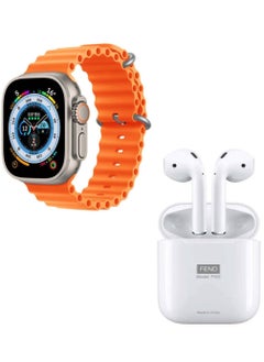Fend F8 Smart Watch Ultra Full Screen HD Display with Two Strap and Bluetooth NFC GPS and FW3 Wireless Bluetooth Earbuds Combo