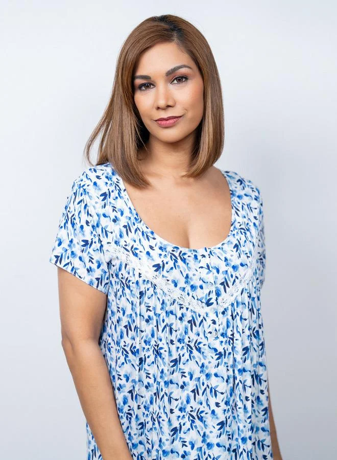 Aadaraya Aadaraya Floral Print Night Gown with Short Sleeves