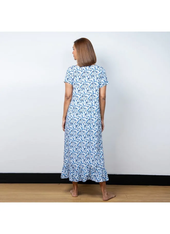 Aadaraya Aadaraya Floral Print Night Gown with Short Sleeves
