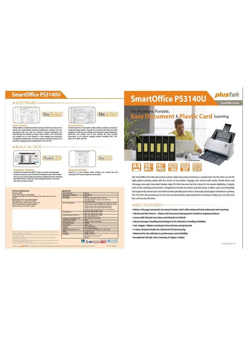 Plustek - SmartOffice PS3140U-  Easy Document & Plastic Card Scannin - Image 1