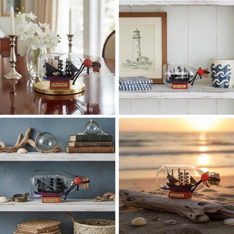 NAUTIMALL 5inch Black Pearl Caribbean Pirate Ship in a Bottle Glass Ornament Table top Nautical Home Decoration for Son (Black Pearl 5“) - Image 5