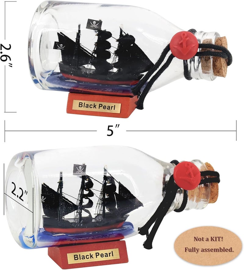 NAUTIMALL 5inch Black Pearl Caribbean Pirate Ship in a Bottle Glass Ornament Table top Nautical Home Decoration for Son (Black Pearl 5“) - Image 2