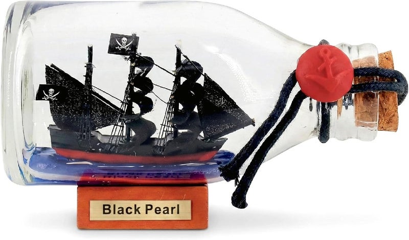 NAUTIMALL 5inch Black Pearl Caribbean Pirate Ship in a Bottle Glass Ornament Table top Nautical Home Decoration for Son (Black Pearl 5“) - Image 1