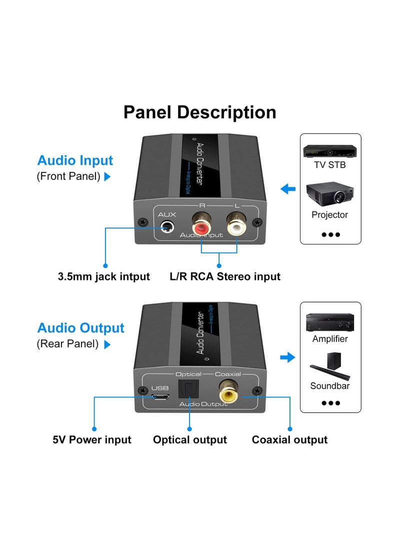 Generic - Analog to Digital Audio Converter RCA R/L to Optical with Optical Cable 3.5mmAUX Jack to Digital Toslink and Coaxial Audio Adapter for Soundbar - Image 1
