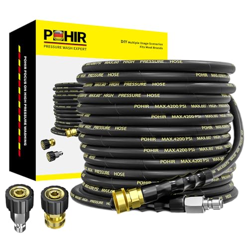 POHIR Pressure Washer Hose 50 ft with 3/8 Inch Quick Connect, Kink Resistant High Tensile Wire Braided,with 2 pcs M22 14mm Adapter Set, 4200 PSI Power Washer Hose - Image 1
