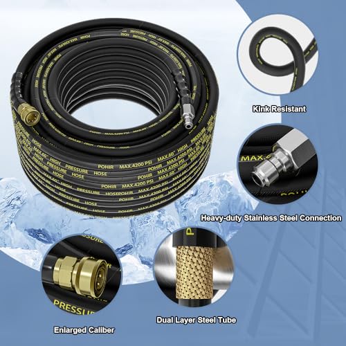 POHIR Pressure Washer Hose 50 ft with 3/8 Inch Quick Connect, Kink Resistant High Tensile Wire Braided,with 2 pcs M22 14mm Adapter Set, 4200 PSI Power Washer Hose - Image 2
