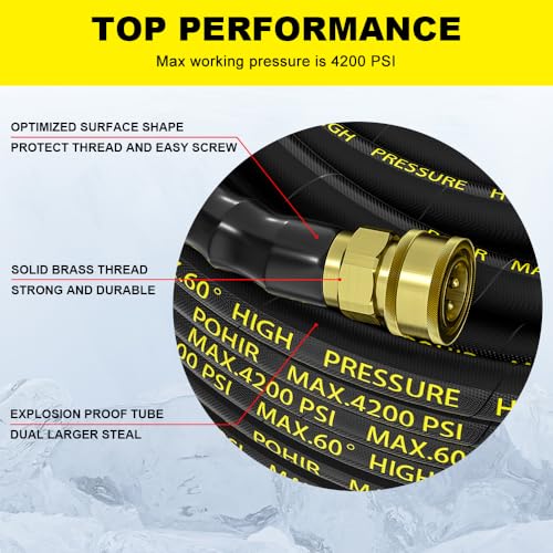 POHIR Pressure Washer Hose 50 ft with 3/8 Inch Quick Connect, Kink Resistant High Tensile Wire Braided,with 2 pcs M22 14mm Adapter Set, 4200 PSI Power Washer Hose - Image 4