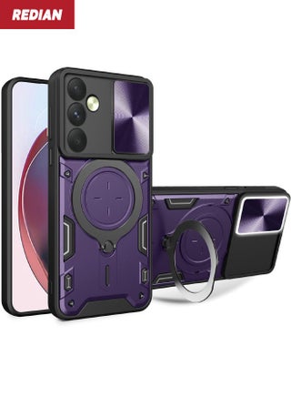 Samsung Galaxy A'55 5G Case, Samsung A'55 Cover with Slide Camera Cover, Heavy Duty Shockproof Durable Protective Phone Cover Case with Round Ring Kickstand for Galaxy A'55 5G 2024, Purple