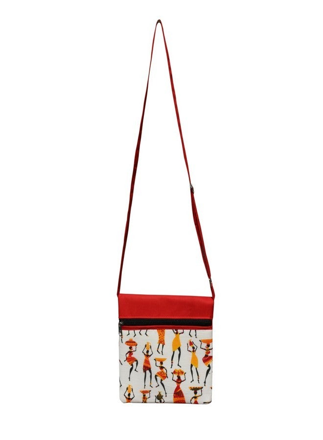 Solance Mandhania Warli Printed Cotton Sling Bags With Double Pocktes for Womens Red - Image 1