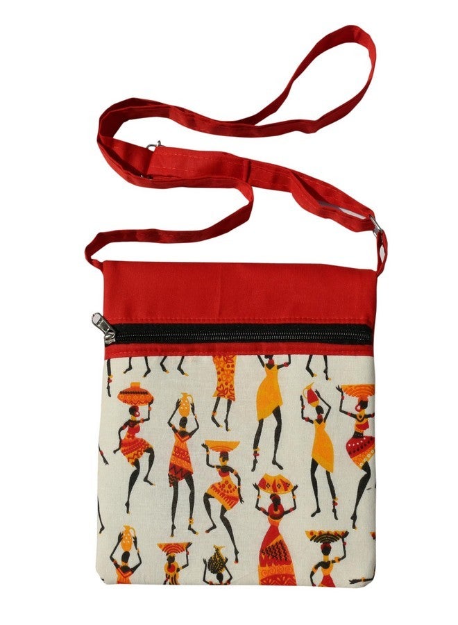 Solance Mandhania Warli Printed Cotton Sling Bags With Double Pocktes for Womens Red - Image 2