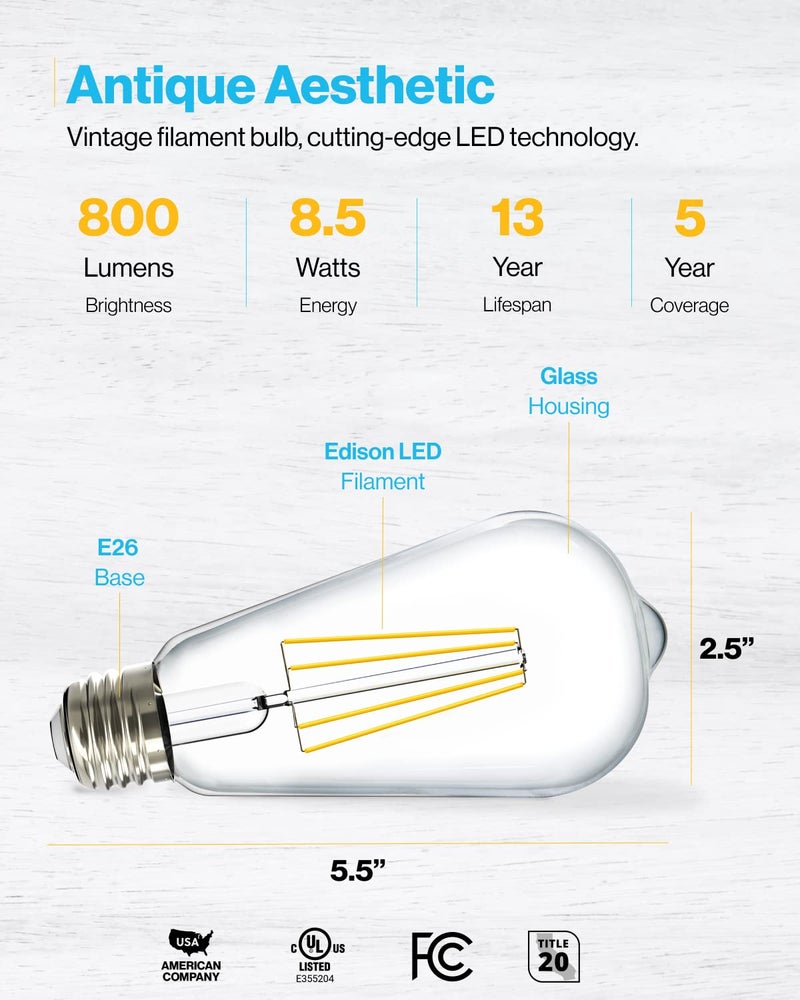 Sunco Lighting Sunco 16 Pack Edison Bulbs LED ST64, Clear Vintage Filament Waterproof Bulb, 800 LM, 8W (60W Equivalent), ST19, 4000K Cool White, E26 Medium Base, Decorative Dimmable UL - Image 3