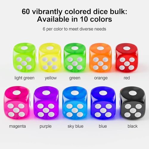 Rerdeim 60 Pieces Dice Set 16mm Standard Bulk 6 Sided Colored Dices for Board Games Math Learning Classroom 10 Color 6 Pieces of Each Color - Image 5
