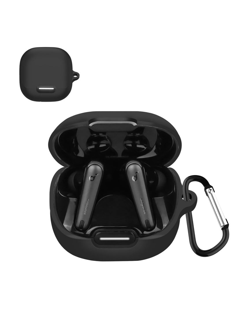 Silicone Case for Anker Soundcore Liberty 4 NC, Protective Cover with Carabiner (Black) - Image 1