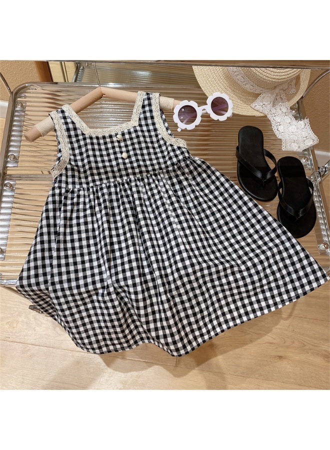 Ayada Home Gingham Lace Trim Dress for Girls, Sleeveless A-Line Sundress - Image 1