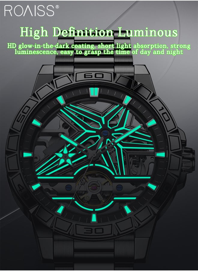 Men's Skeleton Steel Band Mechanical Watch, Automatic Winding, Analog Display Round Dial with Three-dimensional Suspension Design, Luminous Waterproof Fashion Wristwatch, as Gift for Men
