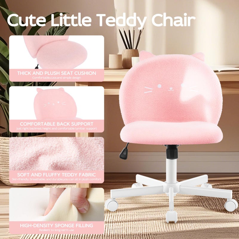 Morkprism Vanity Chair with Cat Back,Armless Desk Chair Cute Small Office Chair,Teddy Fabric Computer Chair with Adjustable Height,120Â°Tilting,Rolling,Swivel for Vanity,Kids Room,Office,Bedroom Pink - Image 3