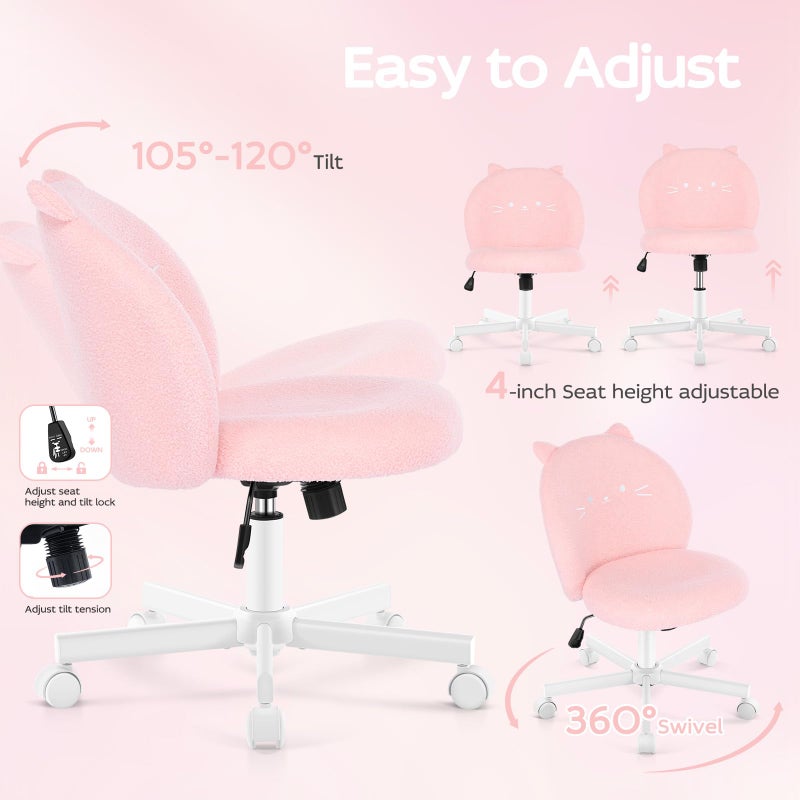 Morkprism Vanity Chair with Cat Back,Armless Desk Chair Cute Small Office Chair,Teddy Fabric Computer Chair with Adjustable Height,120Â°Tilting,Rolling,Swivel for Vanity,Kids Room,Office,Bedroom Pink - Image 4
