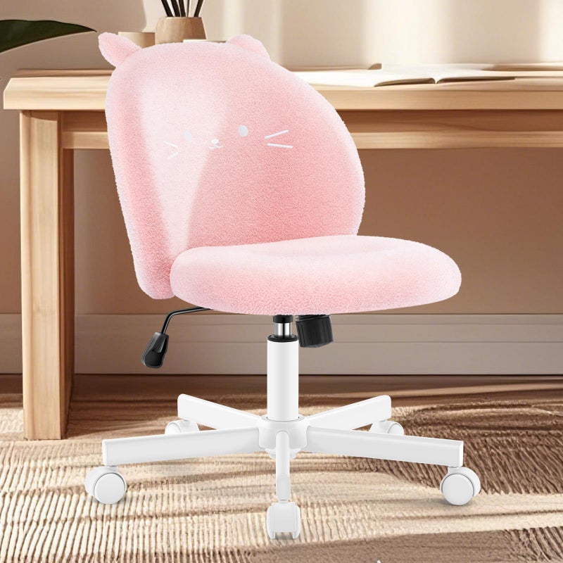 Morkprism Vanity Chair with Cat Back,Armless Desk Chair Cute Small Office Chair,Teddy Fabric Computer Chair with Adjustable Height,120Â°Tilting,Rolling,Swivel for Vanity,Kids Room,Office,Bedroom Pink - Image 1