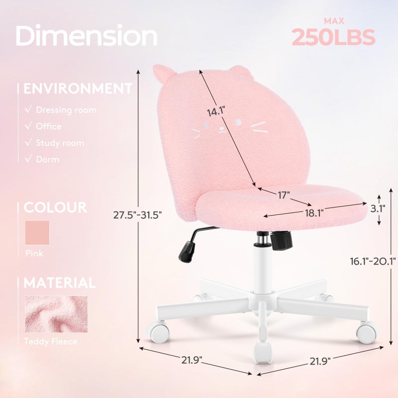 Morkprism Vanity Chair with Cat Back,Armless Desk Chair Cute Small Office Chair,Teddy Fabric Computer Chair with Adjustable Height,120Â°Tilting,Rolling,Swivel for Vanity,Kids Room,Office,Bedroom Pink - Image 2