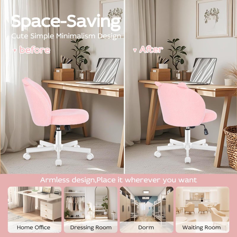 Morkprism Vanity Chair with Cat Back,Armless Desk Chair Cute Small Office Chair,Teddy Fabric Computer Chair with Adjustable Height,120Â°Tilting,Rolling,Swivel for Vanity,Kids Room,Office,Bedroom Pink - Image 5