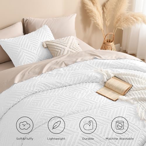 Andency White Comforter King Size, 3 Pieces Boho Bedding Set & Collections, Farmhouse Tufted Fluffy Bedding Comforter Sets for King Bed (1 Comforter 104x90In, 2 Pillowcases) - Image 4