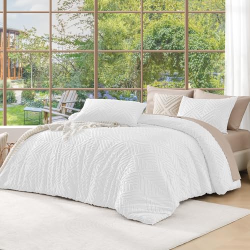 Andency White Comforter King Size, 3 Pieces Boho Bedding Set & Collections, Farmhouse Tufted Fluffy Bedding Comforter Sets for King Bed (1 Comforter 104x90In, 2 Pillowcases) - Image 1