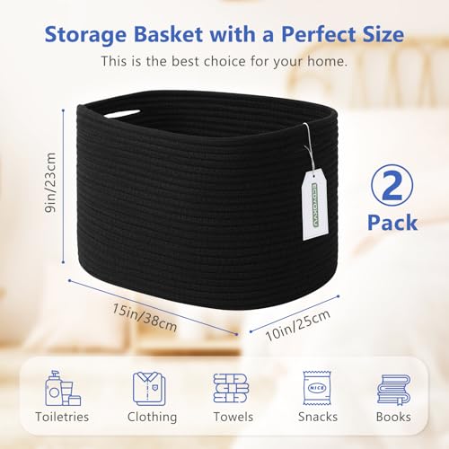 ECDYQXVU Cotton Rope Storage Basket, 15x10x9 Inches, Woven Basket for Shelves, Clothes, Towels, Books, and Laundry, Black (2 Pack) - Image 3