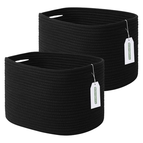 ECDYQXVU Cotton Rope Storage Basket, 15x10x9 Inches, Woven Basket for Shelves, Clothes, Towels, Books, and Laundry, Black (2 Pack) - Image 1