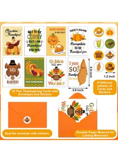 Geyoga 32 Sets Funny Thanksgiving Cards Pun Turkey Pumpkin Greeting Cards With Envelopes And Stickers, 8 Design 6 X 4'' Happy Thanksgiving Note Cards Pack For Fall Party Supplies Invitation Gifts  - Image 2
