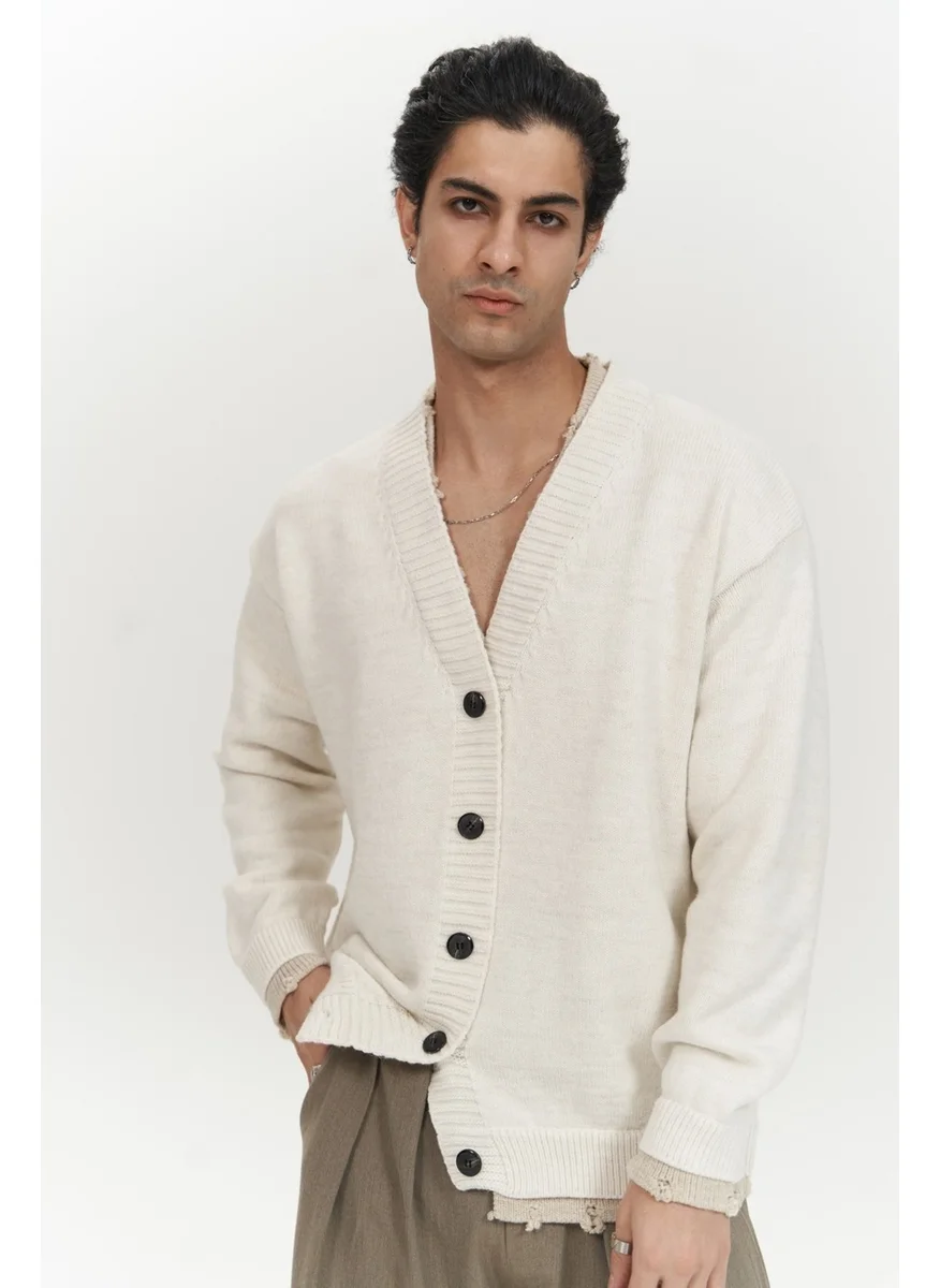 Mai Collection Raid Double Collar Ecru Men's Knitwear Cardigan