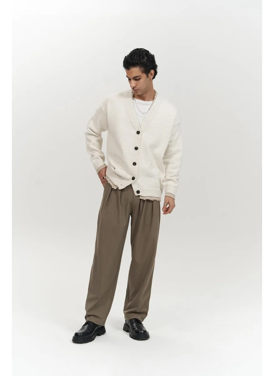 Mai Collection Raid Double Collar Ecru Men's Knitwear Cardigan