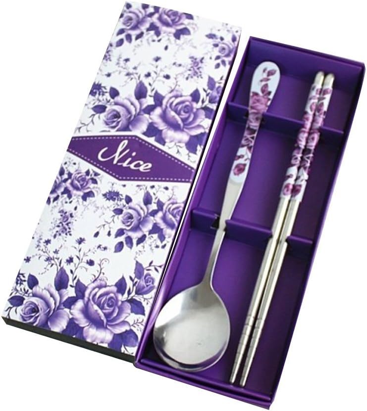 HugeStore Chinese Purple Rose Stainless Steel Chopsticks and Spoon Set - Image 2